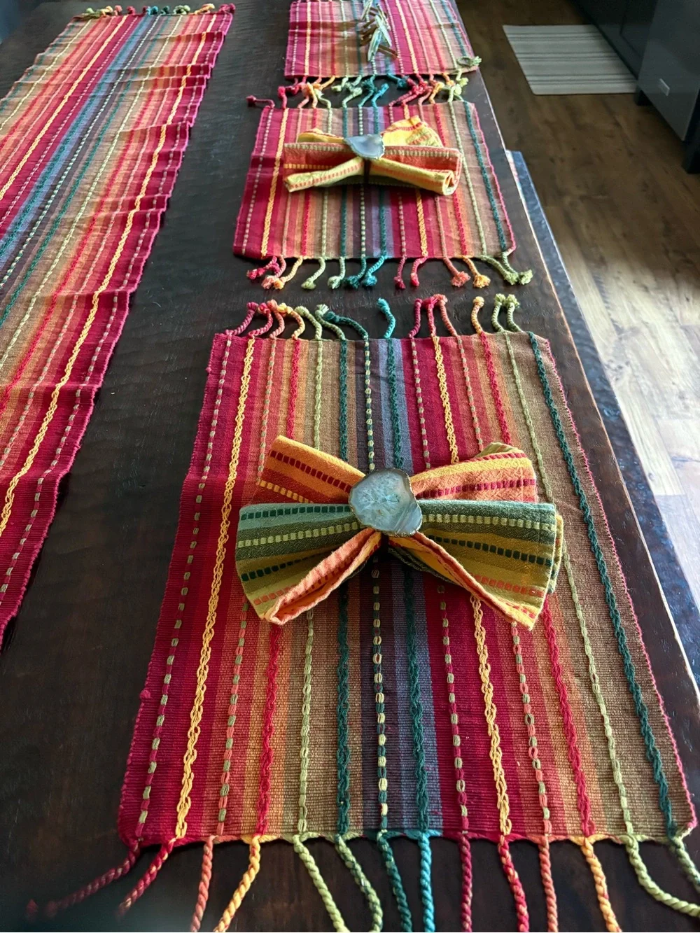 Handwoven Multicolor Cotton Table Runner and six placemats six napkins and rings
